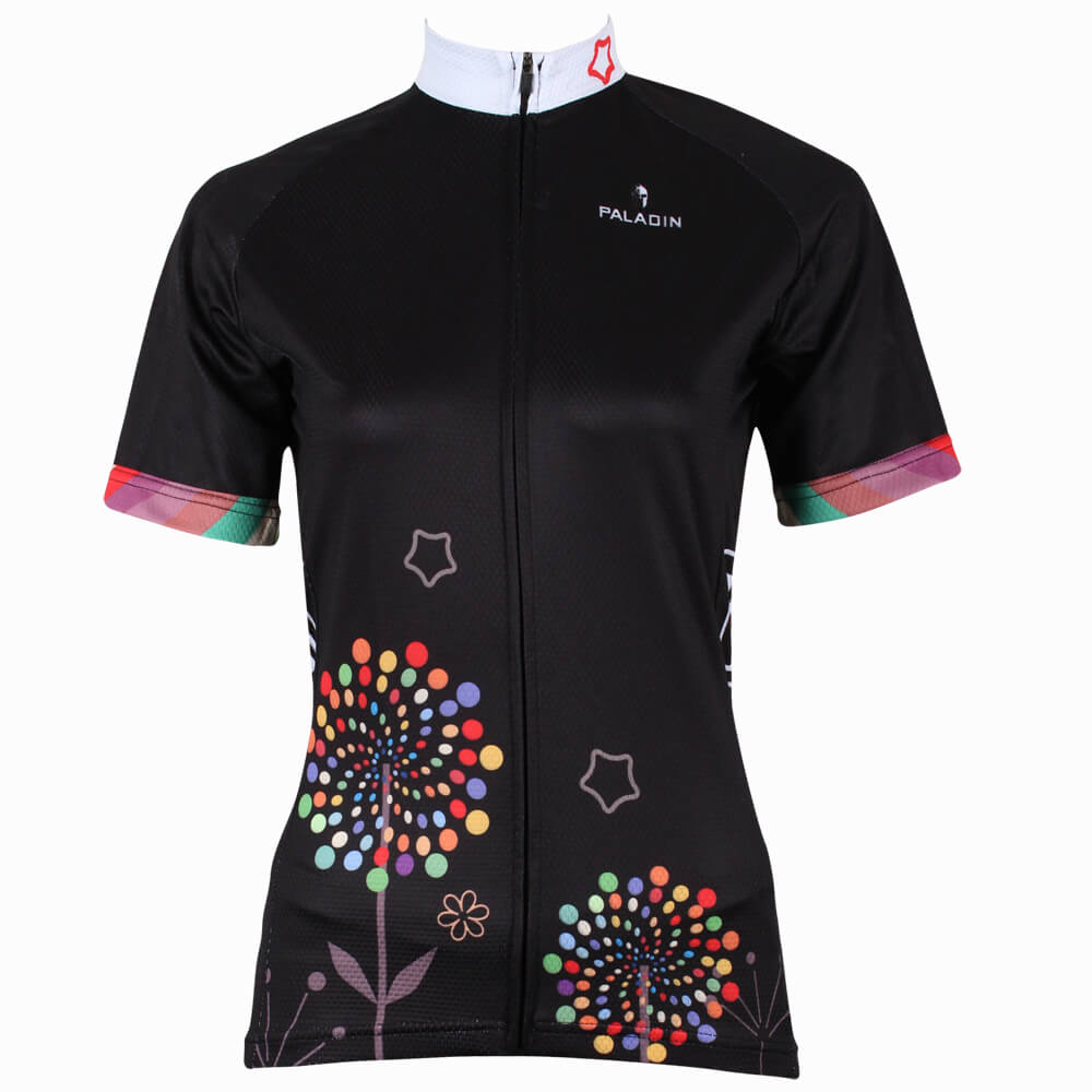 Dandelion printing cycling jerseys black short sleeve bike clothing for girls