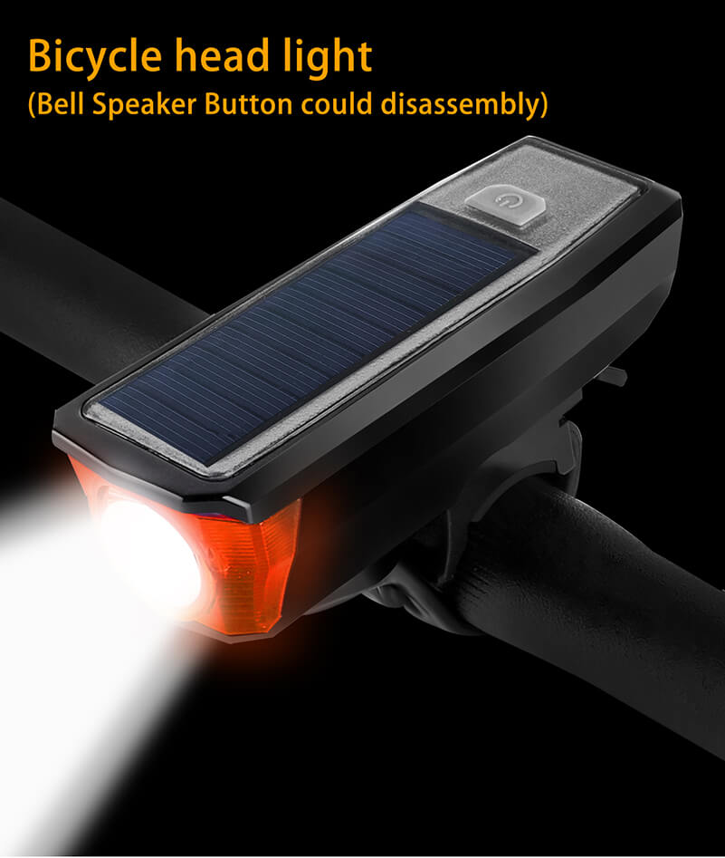 Waterproof Solar Power Bike Light LED USB Rechargeable Bike Front Light With Bell