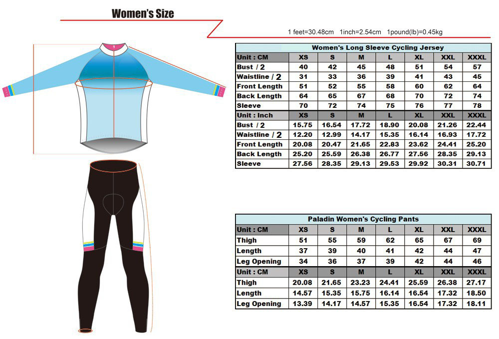 Women's Long Sleeve Cycling Jersey Size Chart | Chogory
